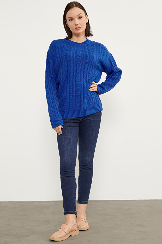 Saç Örgü Detaylı Basic Triko Kazak - Saks - 6