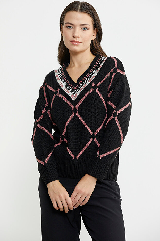Jacquard Multi-Pattern Wool Knit Sweater - Black - 5