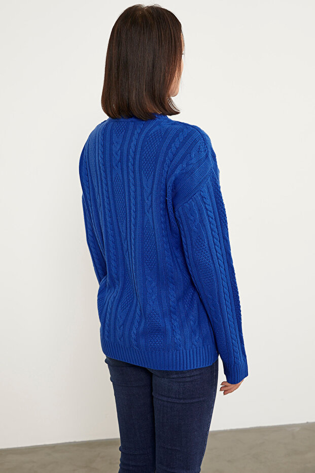 Saç Örgü Detaylı Basic Triko Kazak - Saks - 7