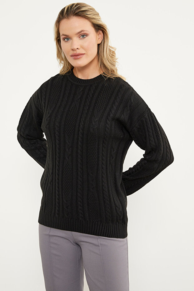 Saç Örgü Detaylı Basic Triko Kazak - Siyah - 3
