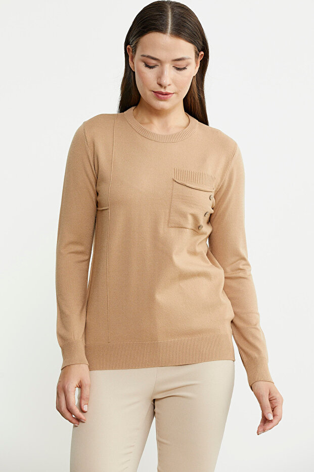 Sıfır Yaka Cepli Düğmeli Triko Kazak Bej - 3