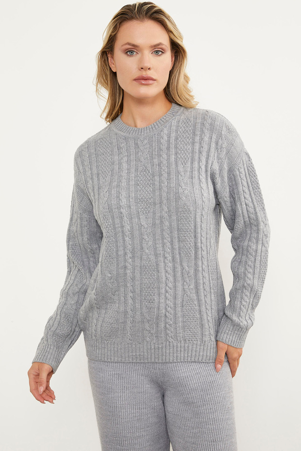 Saç Örgü Detaylı Basic Triko Kazak - Gri - 3