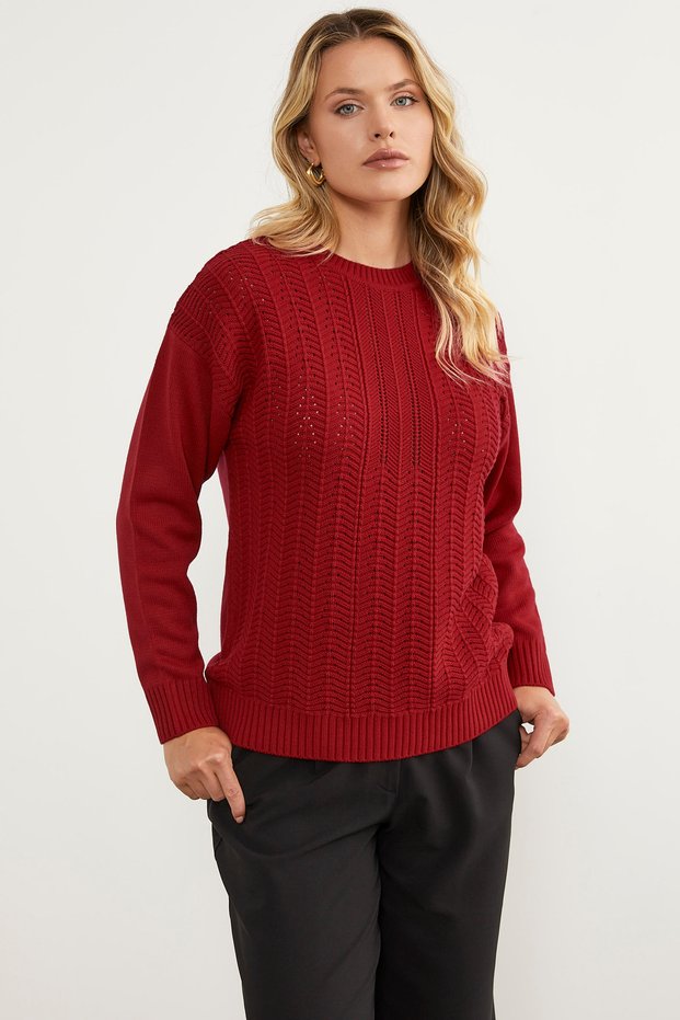 Crew Neck Zik Zak Motif Knitwear Sweater - Red