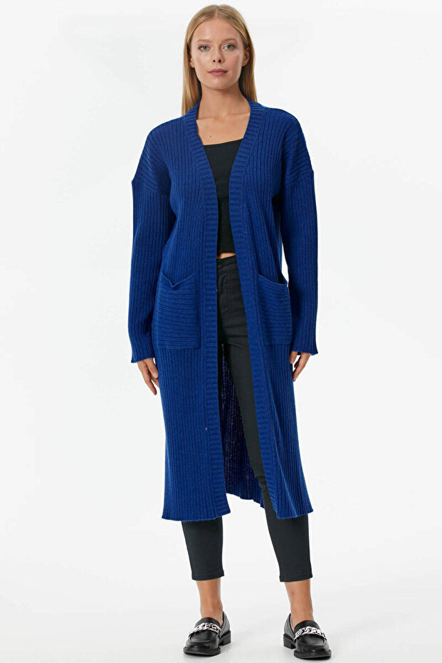 Oversize Uzun Triko Hırka - Saks - 1