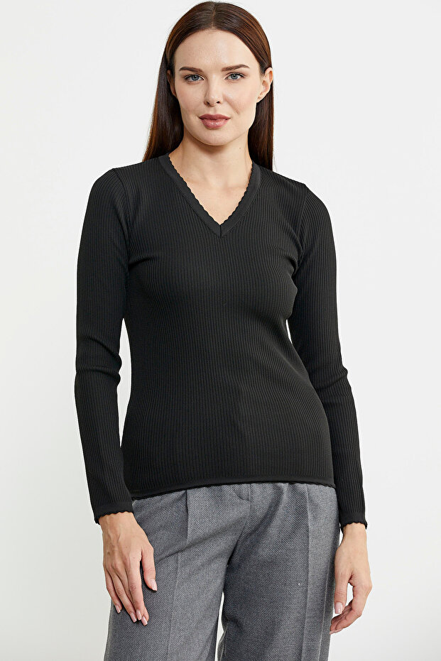 Fitilli V Yaka Basic Triko Kazak - Siyah - 2