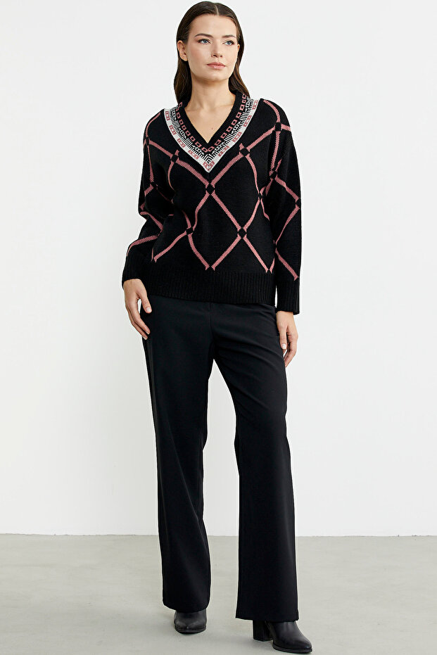 Jacquard Multi-Pattern Wool Knit Sweater - Black - 3