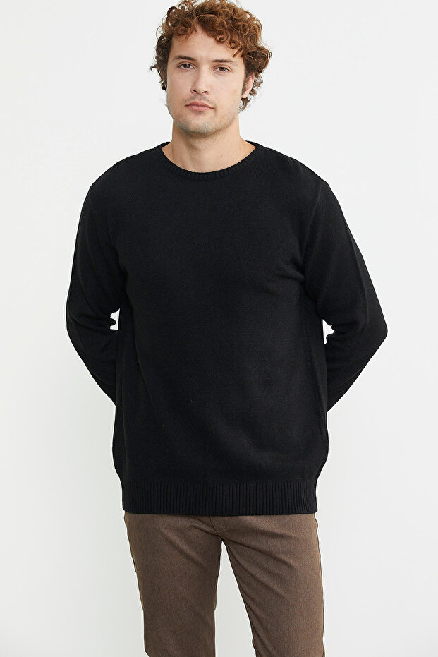 Basic Sıfır Yaka Triko Kazak - Siyah - 1