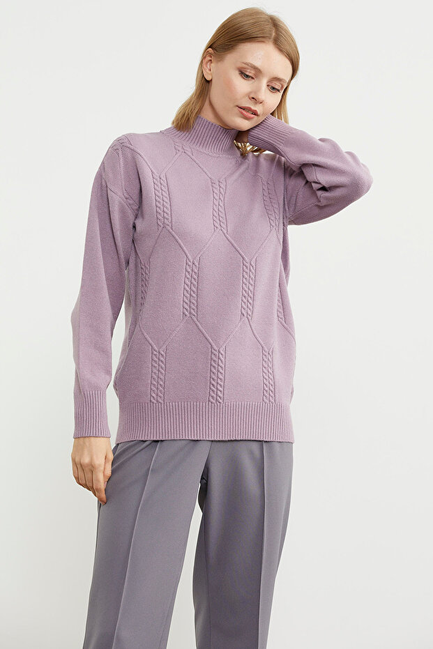 Yarım Balıkçı Desenli Basic Triko Kazak - Gül - 2