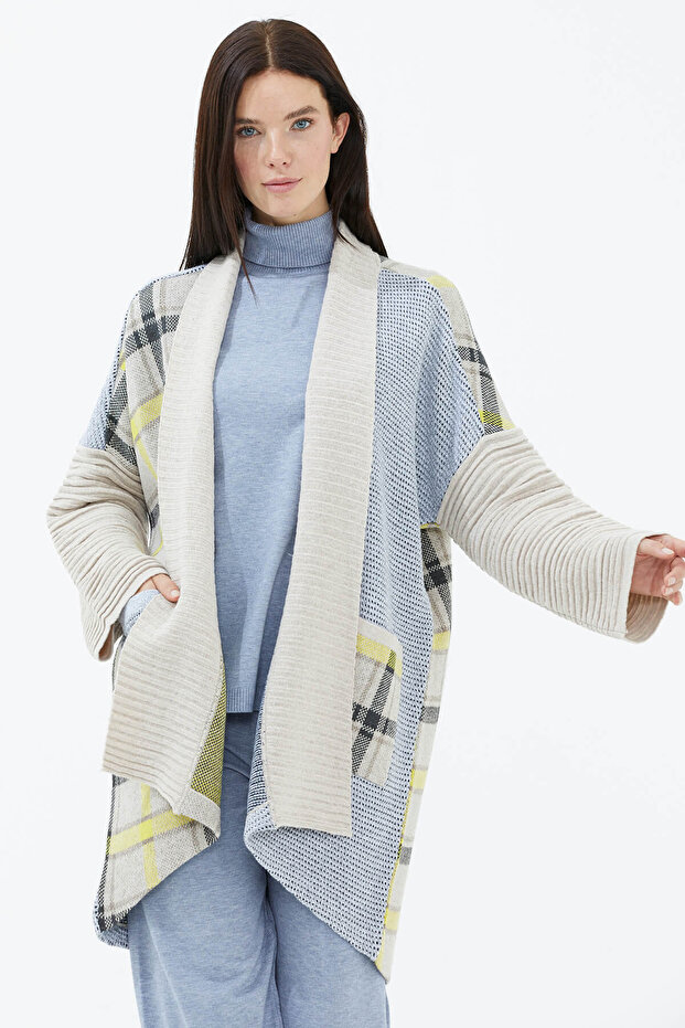 Beige Knitwear Cardigan - Shawl Collar Pocket