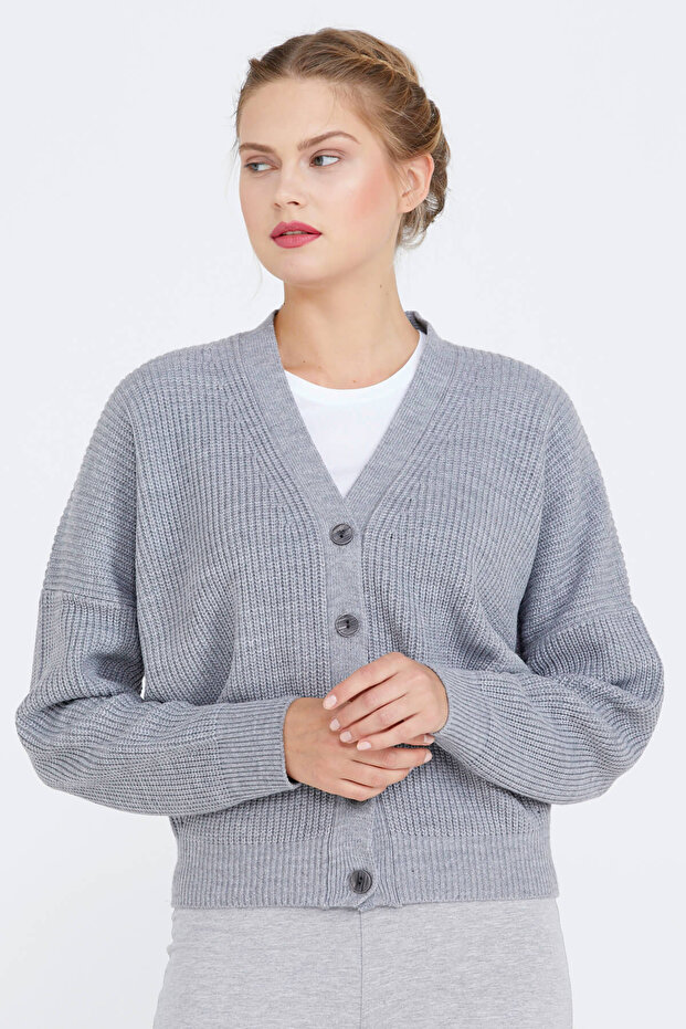 V Yaka Basic Triko Hırka - Gri - 2