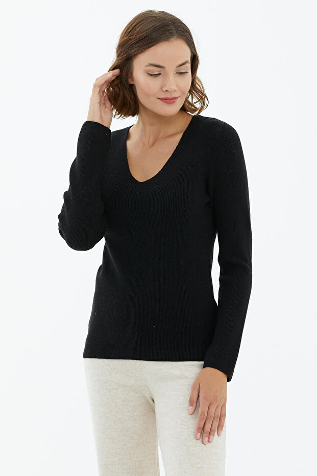 V Yaka Basic Triko Kazak - Siyah - 2