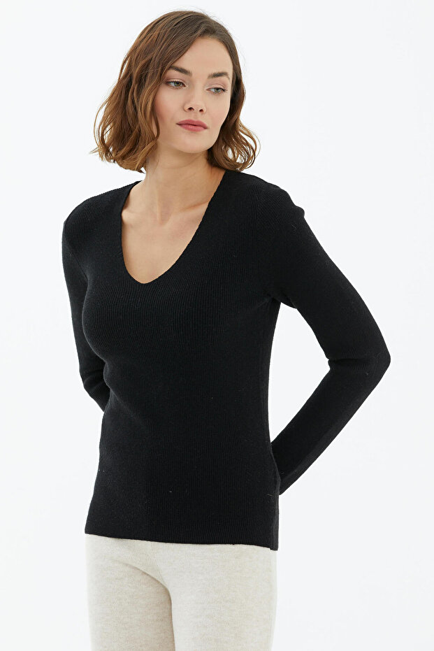 V Yaka Basic Triko Kazak - Siyah - 3