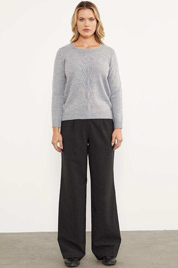 Önü Örgü Detaylı Triko Basic Kazak - Gri - 5