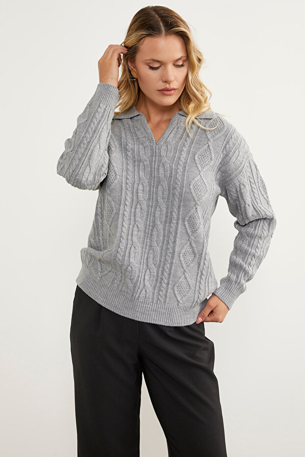 سترة تريكو منقوشة بياقة بولو - رمادي فاتح - 3