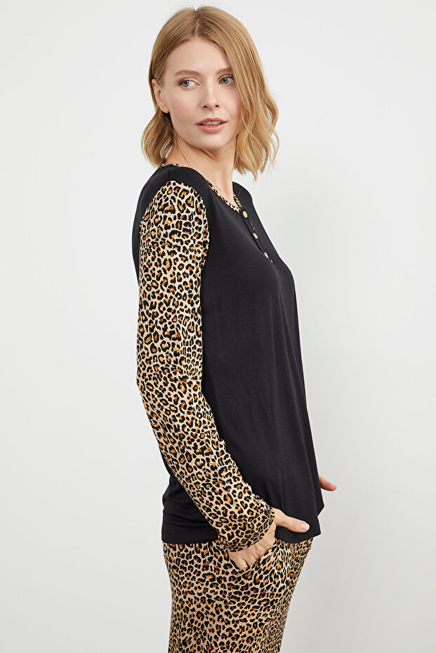 طقم بيجامة بياقة بأزرار على شكل جلد الفهد - أسود - 5