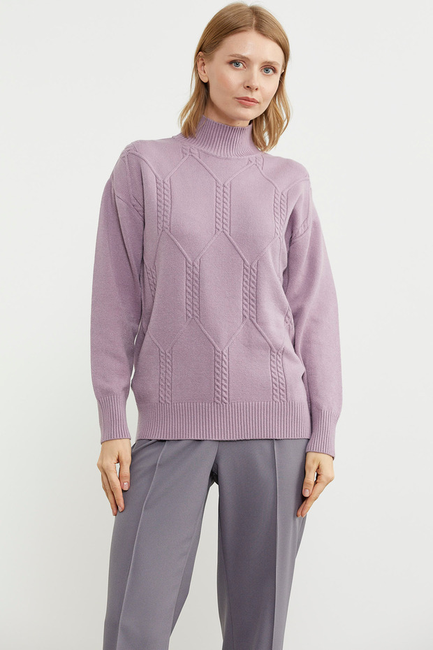 Yarım Balıkçı Desenli Basic Triko Kazak - Gül - 1