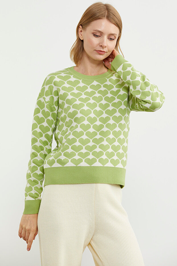 Heart Patterned Crew Neck Sweater - Green - 3
