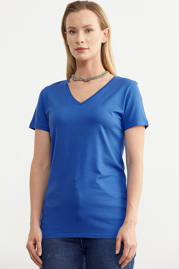 V Yaka Dökümlü Basic Tişört - Saks - 2