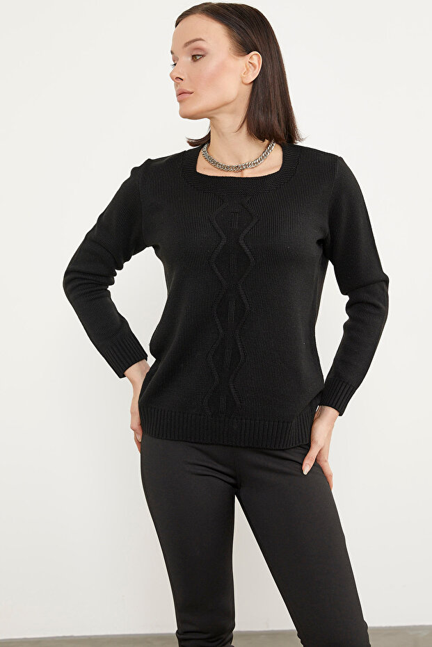 Önü Örgü Detaylı Triko Basic Kazak - Siyah - 2