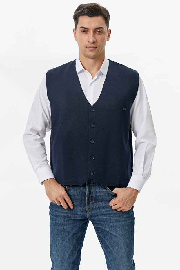 Classic Knitwear Buttoned Knitwear Vest - Navy Blue