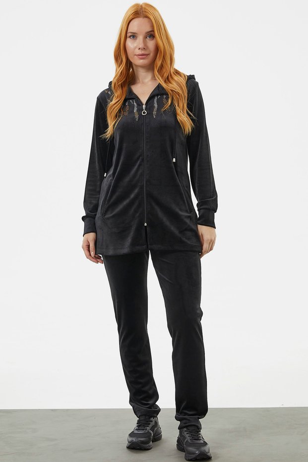 Full Zippered Velvet Jewelled Tracksuit Set - Black