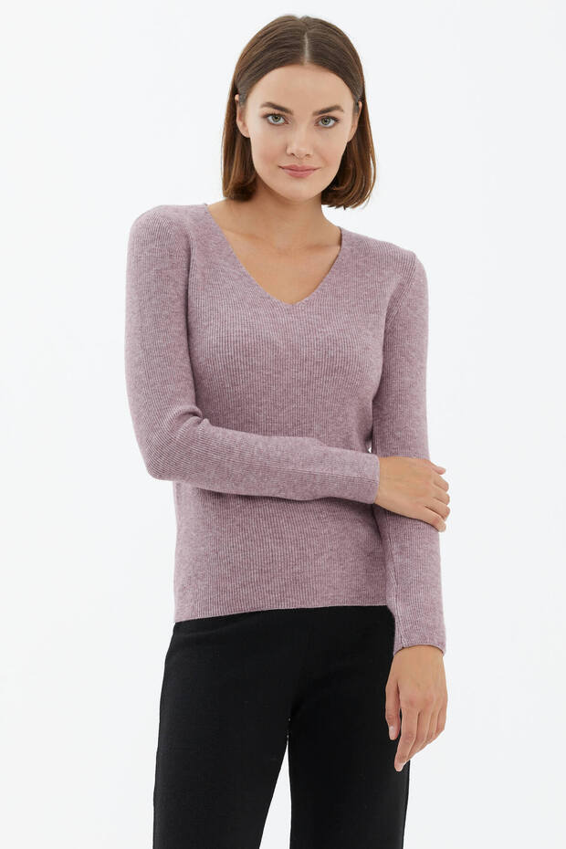 V Yaka Basic Triko Kazak - Gül - 1