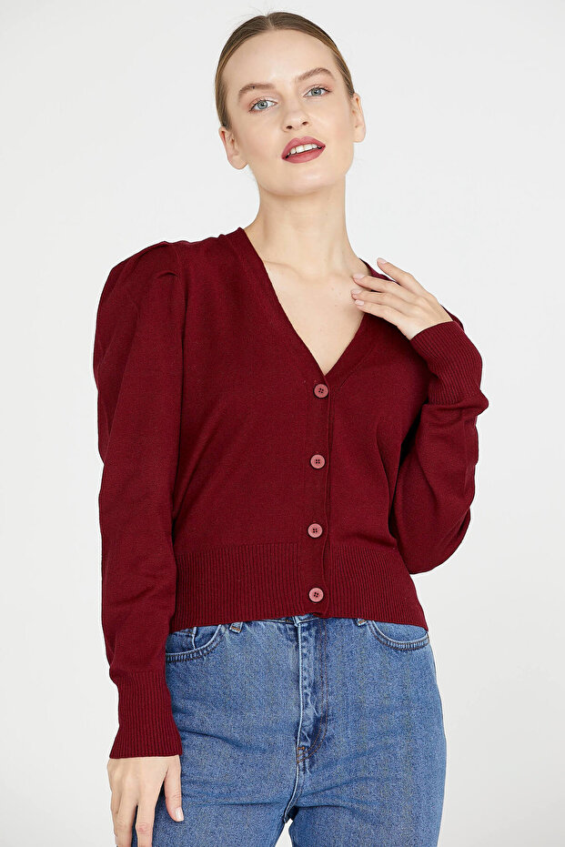 Balon Kol Triko Hırka - Bordo - 2