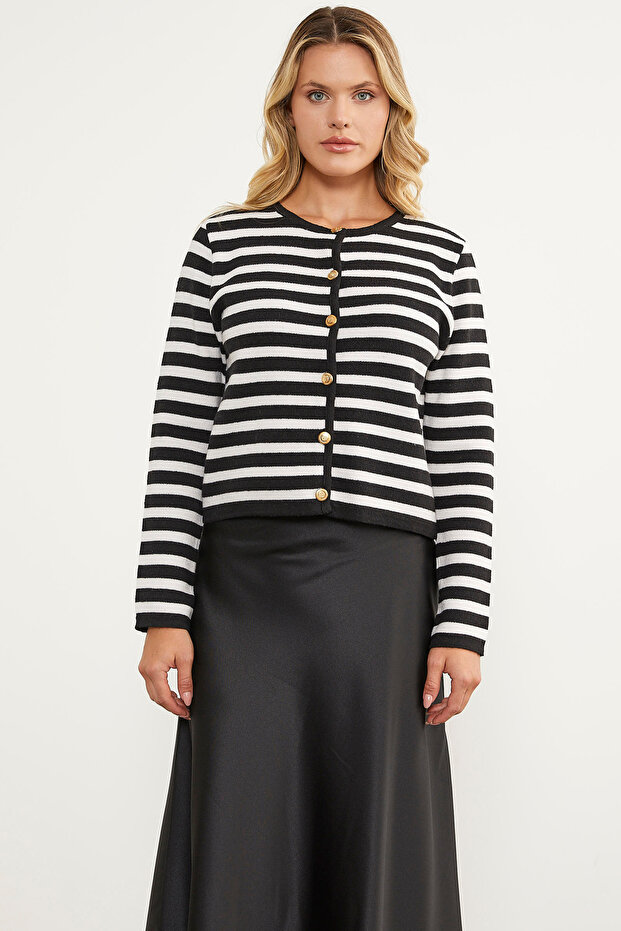 Colorful Striped Knitwear Short Cardigan - Black