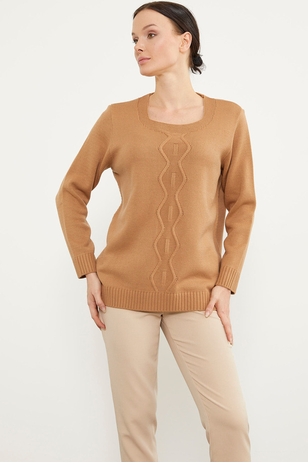 Önü Örgü Detaylı Triko Basic Kazak - Kamel - 2