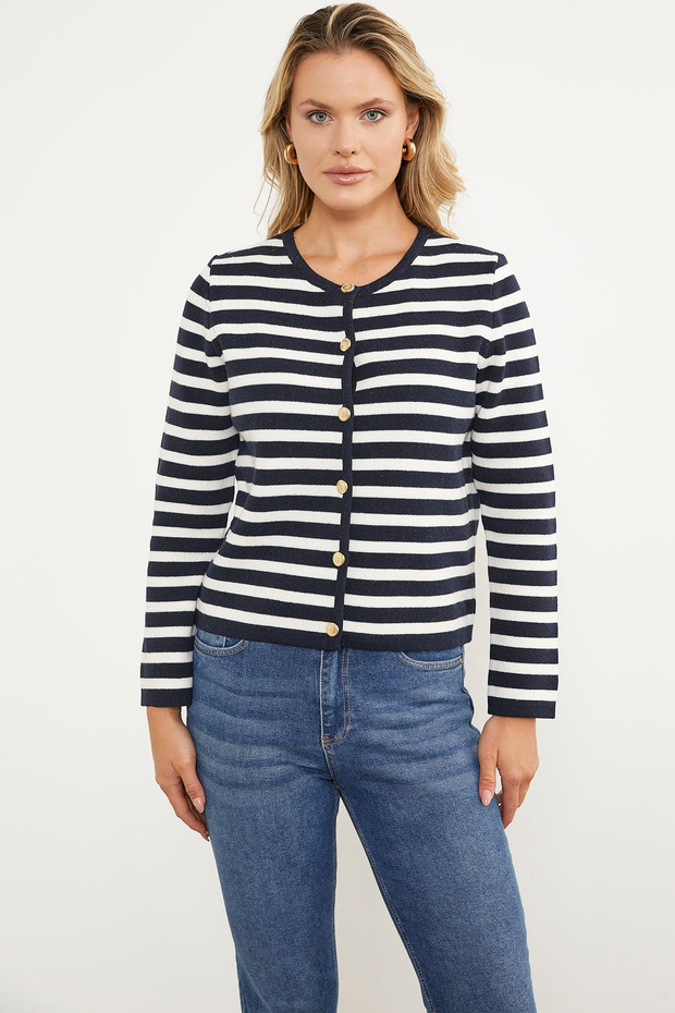Colorful Striped Knitwear Short Cardigan - Navy Blue