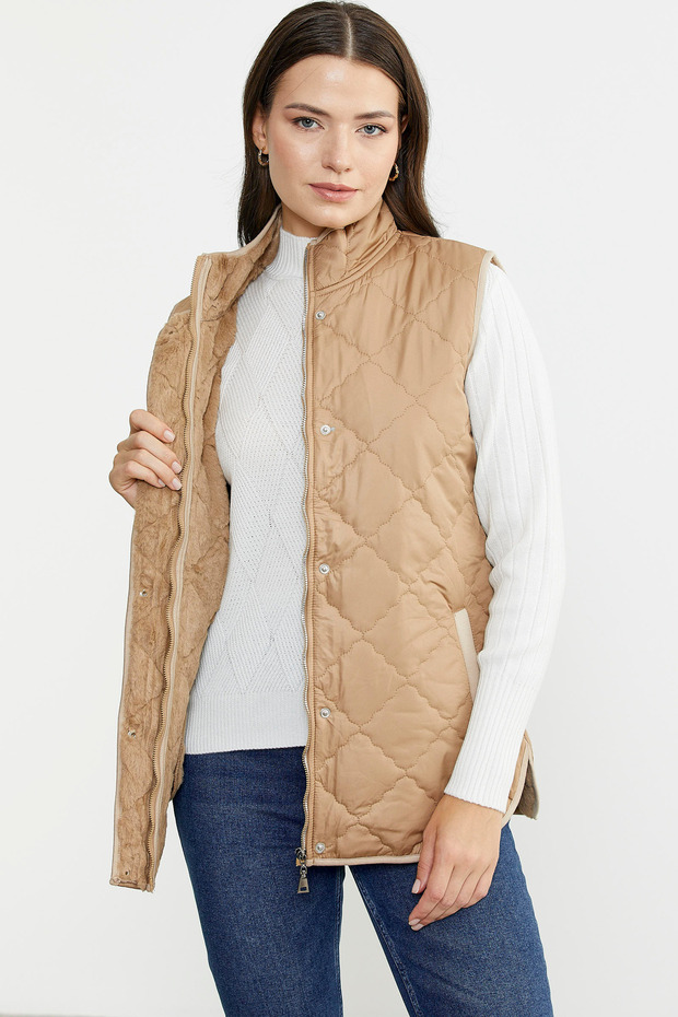 Dik Yaka Cepli Kapitone Yelek - Kamel - 4