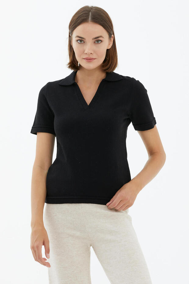 Polo Neck Short Sleeve Knitwear Sweater - Black