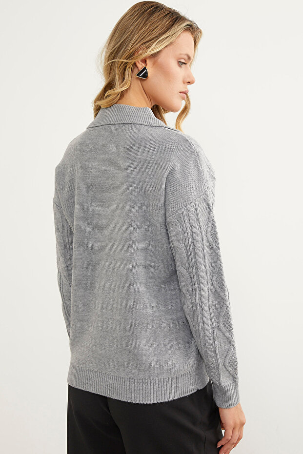 سترة تريكو منقوشة بياقة بولو - رمادي فاتح - 6