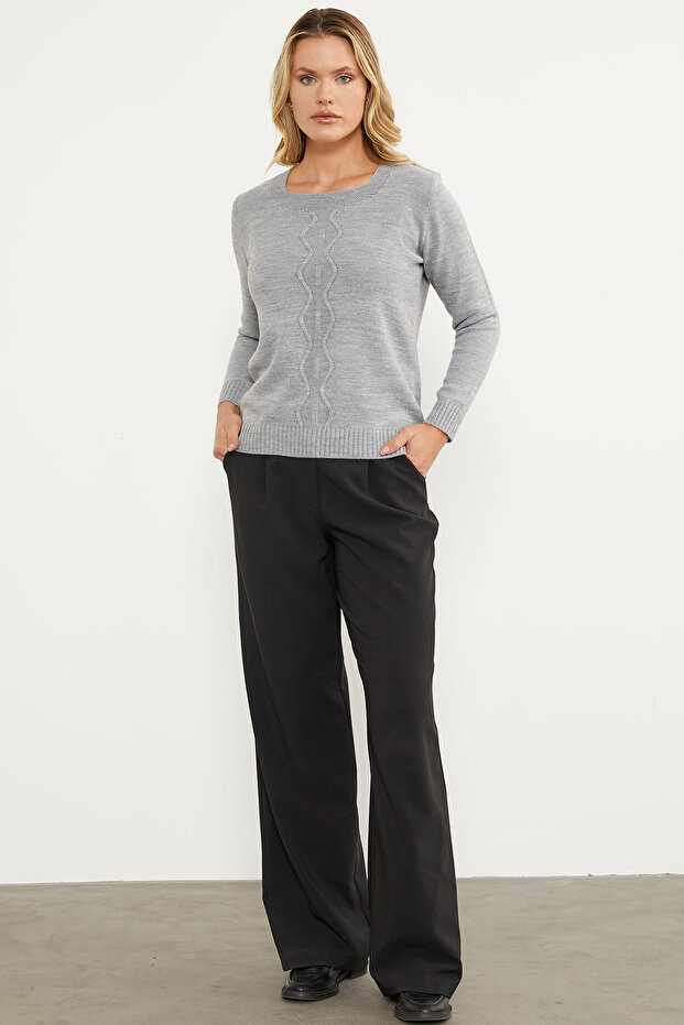 Önü Örgü Detaylı Triko Basic Kazak - Gri - 6