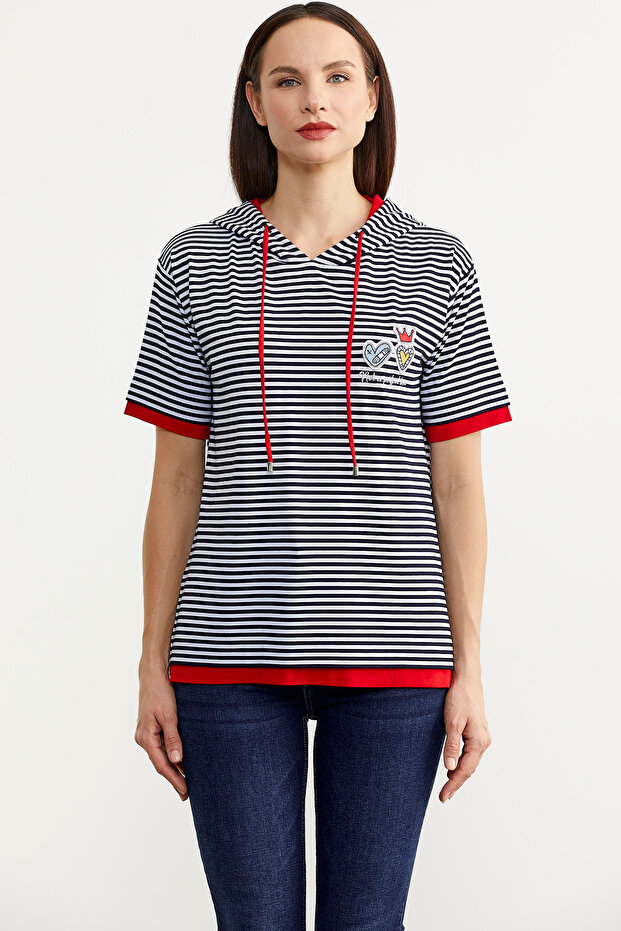 Hooded Color Combination Striped T-Shirt - Navy Blue