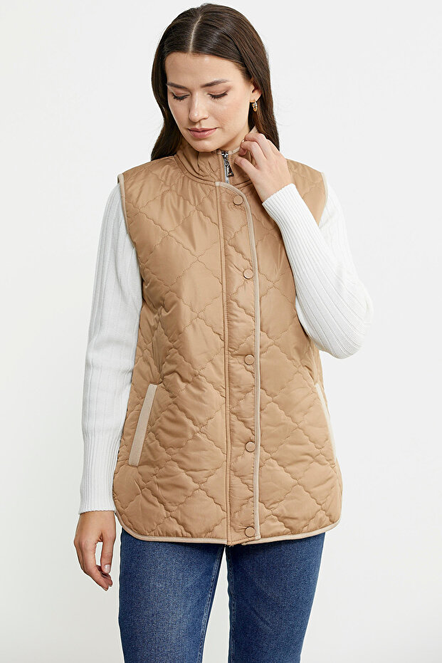 Dik Yaka Cepli Kapitone Yelek - Kamel - 2