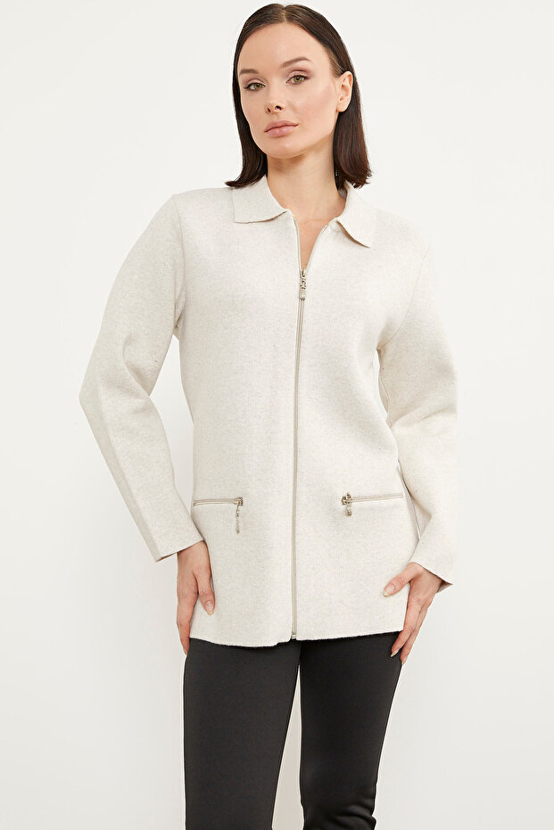 Pocketed Shirt Collar Zippered Knitwear Cardigan - Light Beige