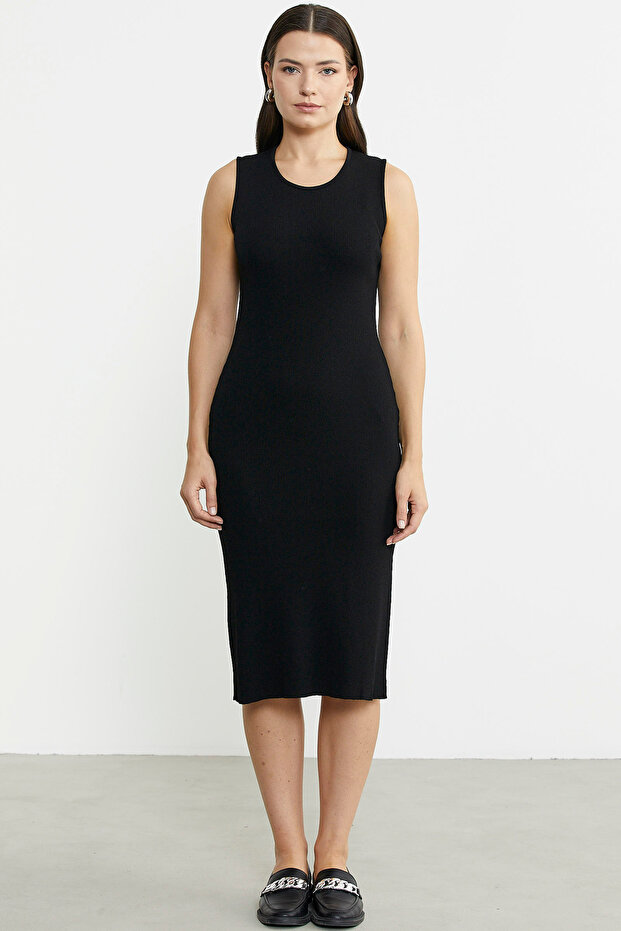Kalın Askılı Uzun Triko Elbise - Siyah - 2