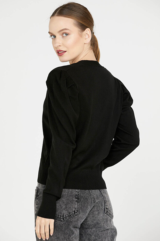 Balon Kol Triko Hırka - Siyah - 4