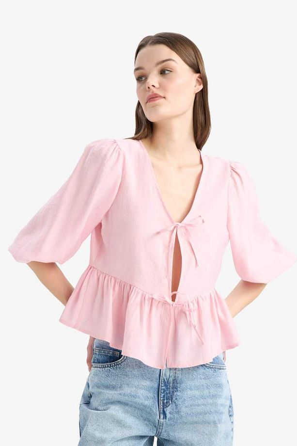 Regular Fit V Yaka Modal Önden Bağlamalı Uzun Kollu Bluz D4435ax25sp - 4
