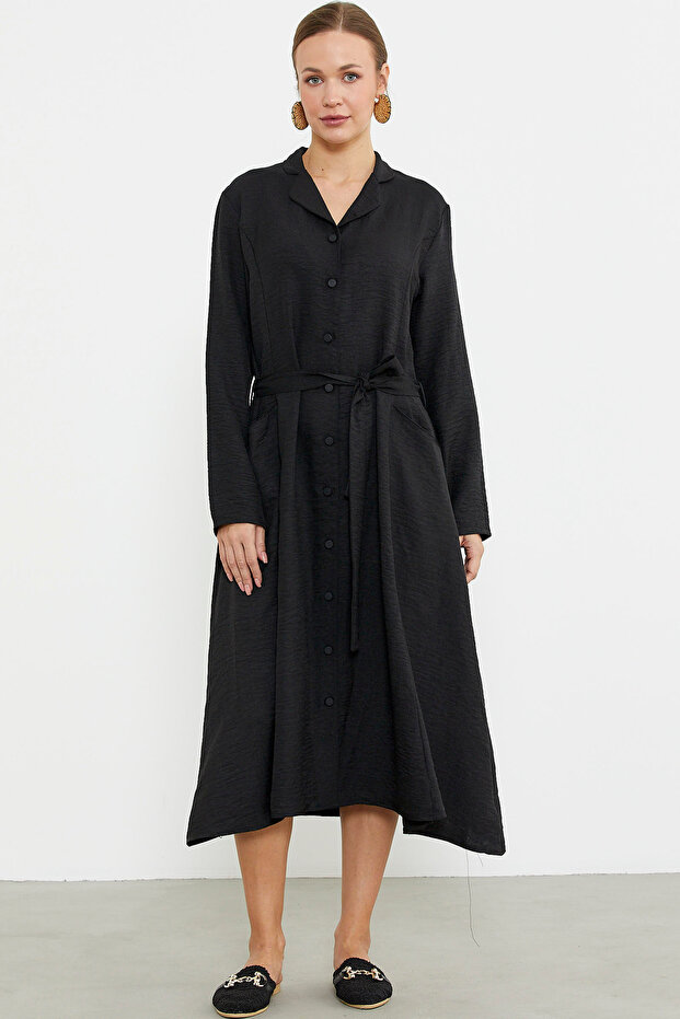 Linen Look Long Sleeve Shirt Dress - Black