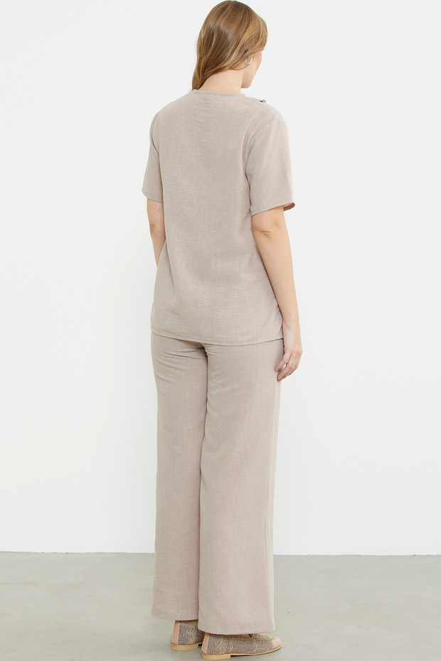 طقم مريح بمظهر كتان بأزرار - حجري - 6