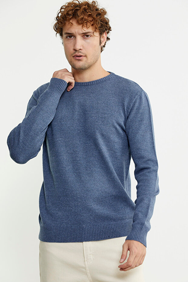 Basic Sıfır Yaka Triko Kazak - Indigo - 2