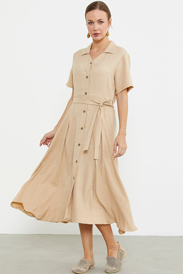 Rochie cămașă lungă de in bej - 2