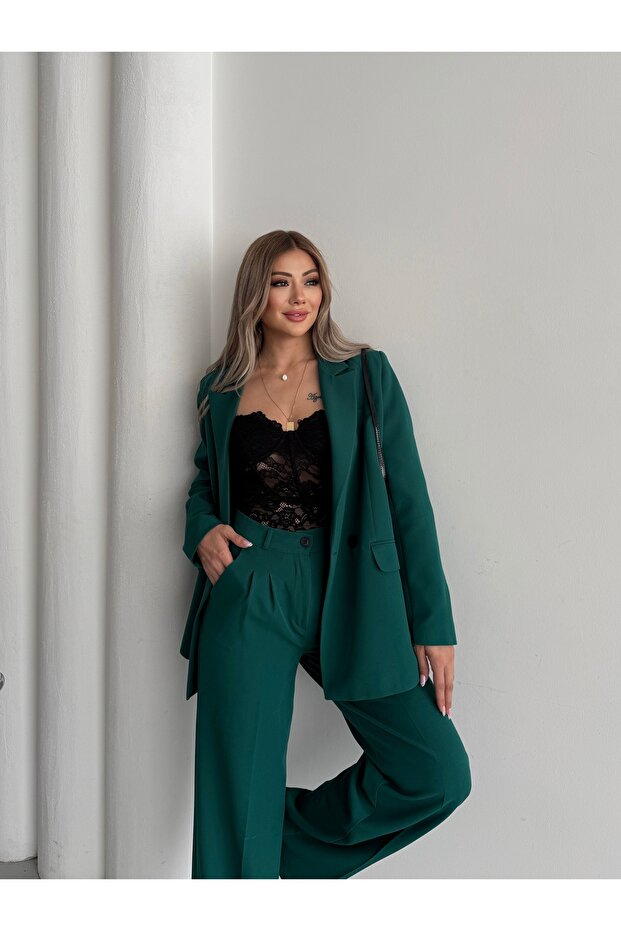 Women's Emerald Green Blazer Jacket Palazzo Pants Suit