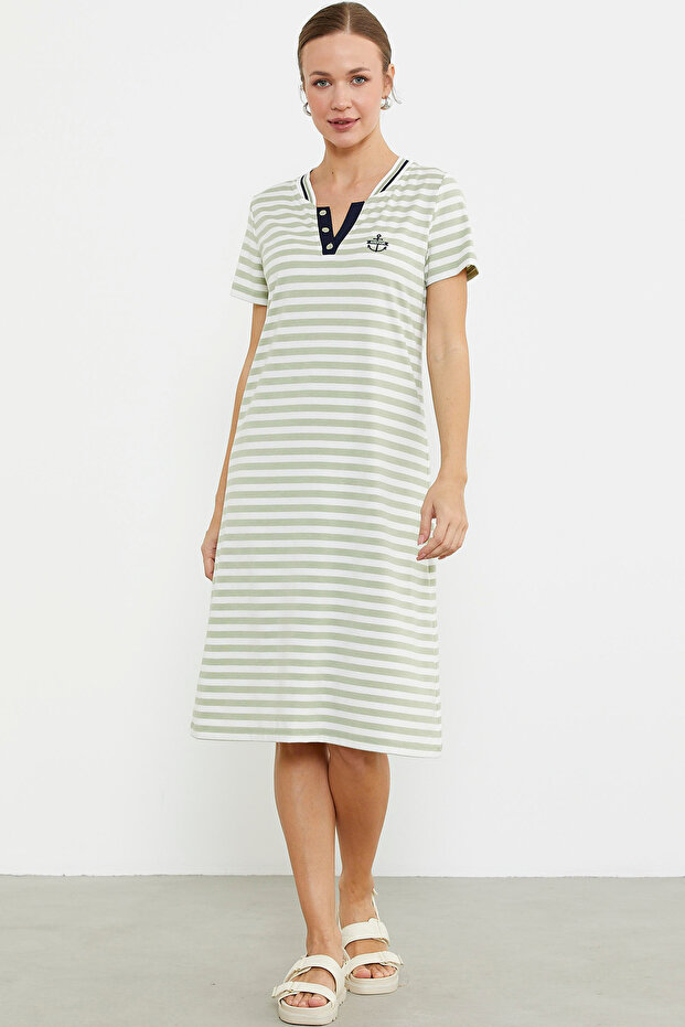 Combed Cotton Dress with Marine Collar Detail - Green