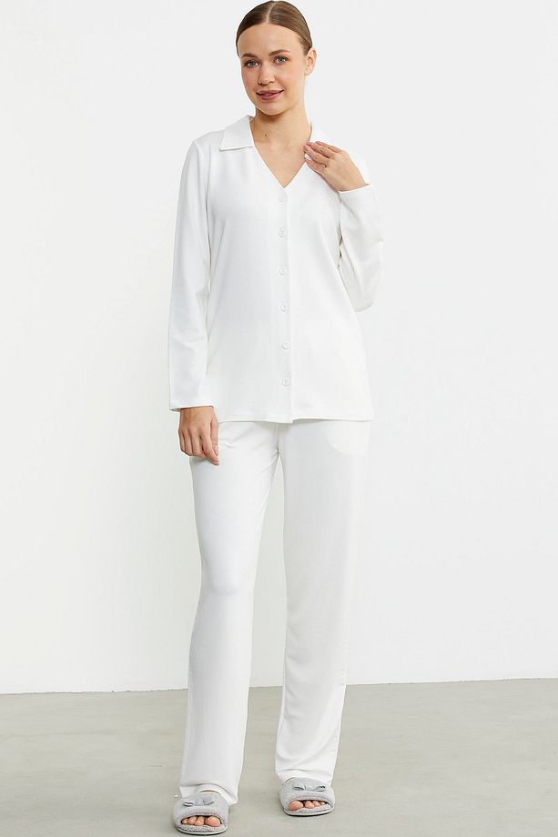 Gömlek Model Nakışlı Pijama Takım - Ekru - 1