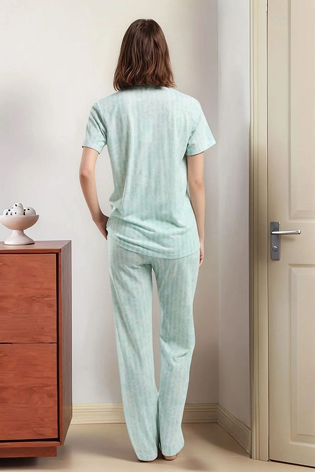 Kısa Kollu Düğmeli Gömlek Yaka Viskon Yeşil Pijama Takımı T5HCL8VR.9P.6.PC - 3