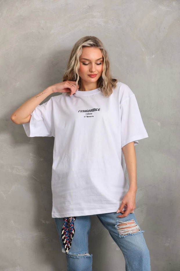 Women's Printed Oversized Short Sleeve T-Shirt - White