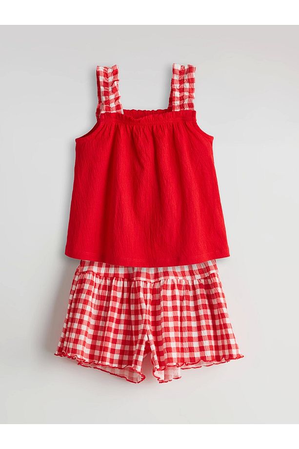 LCW Kids KIRMIZI Ekose Kız Çocuk Bluz ve Şort 2'li - 1